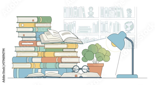 Illuminating literary pursuits: A stack of books, light, and contemplation for learning