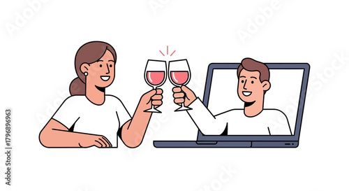 Virtual celebration depicting woman and man raising glasses of wine on video call