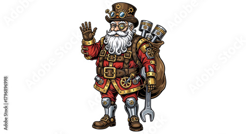 Steampunk Santa Claus with Wrench and Pistons for Unique Holiday Projects or Creative Christmas Designs, Adding a Retro-Futuristic Touch to Your Season