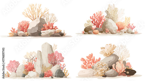 Soft coral reef compositions with stones and blush corals in sandy neutrals. Tranquil underwater watercolor clipart for coastal designs, posters, and calming backgrounds.