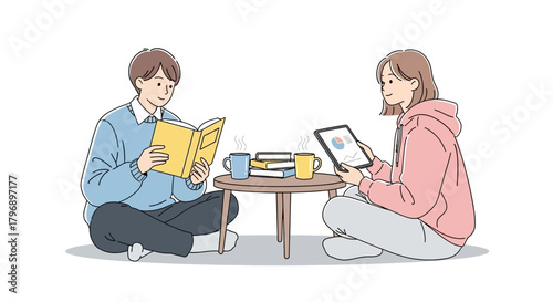 Digital versus print, two people enjoy their hobbies side by side in simple illustration