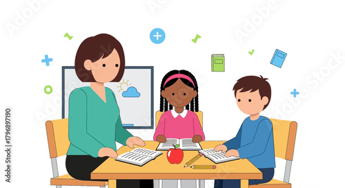 Illustration depicting a teacher with students in a classroom setting with desk and books