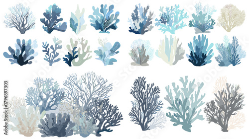 Blue watercolor coral silhouettes and branches in varied forms. Marine clipart collection for coastal designs, aquarium themes, and ocean conservation visuals.
