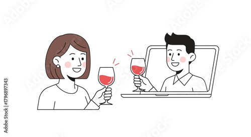 Distant celebrations virtual wine party illustrated during remote connection using digital tools