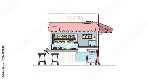 Charming bakery with a pink awning illustration perfect for branding and websites design with a