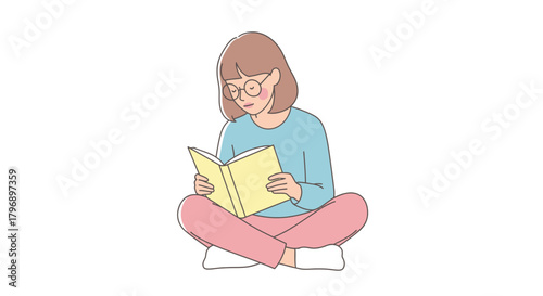 Young woman engrossed in reading a book, sitting cross-legged on a bright white background