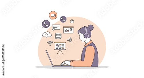 Digital workspace illustration showcasing online communication tools and remote work setups