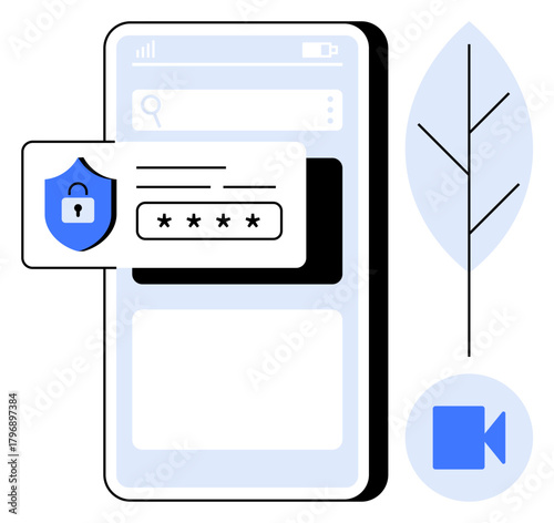 Smartphone screen highlighting login security with a badge and password input, alongside nature and video communication symbols. Ideal for technology, security, nature, privacy, digital interface