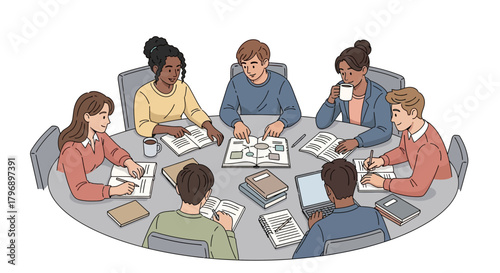 Diverse group brainstorming ideas at round table, fostering teamwork and innovation, driving