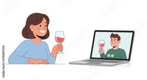 Virtual wine celebration friends connecting through video call for online cheers