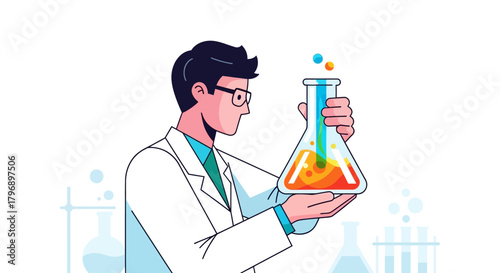 Illustrative scientist holding flask filled with liquid and observing chemical experiments