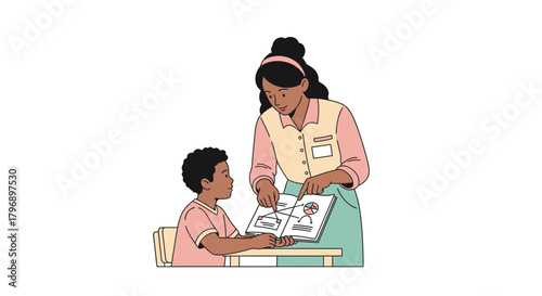 Educational assistance with diverse tutor explaining graphics to young student at desk