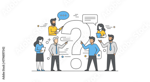 Team brainstorming around complex question mark illustration with diverse professionals