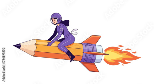 Whimsical cartoon of a space traveler riding a giant pencil rocket through the cosmos