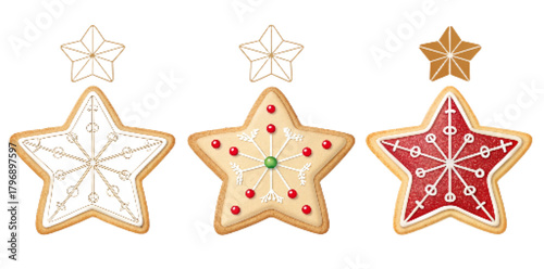 Christmas Star Cookie Vector Set Flat Design Illustration – Iced, Outline, and Geometric Styles, Festive Holiday Clipart PNG

