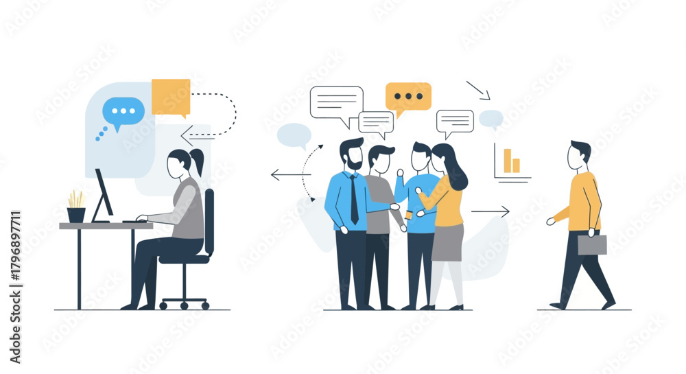 Fototapeta premium Illustrative depiction of modern office dynamics with emphasis on collaboration and individual