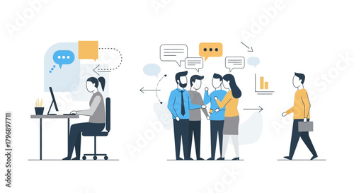 Illustrative depiction of modern office dynamics with emphasis on collaboration and individual