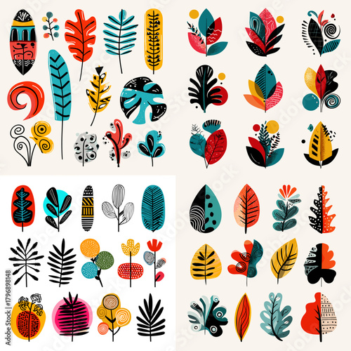 Bold stylized leaves in modern retro colors. Abstract botanical clipart set with texture for patterns, posters, branding, packaging, and playful graphic projects.