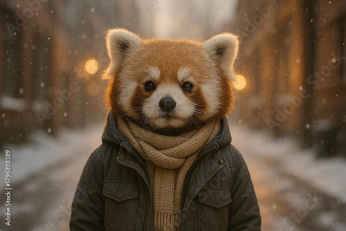 Fototapeta Naklejka Na Ścianę i Meble -  Cute Anthropomorphic Red Panda Wearing a Gray Puffer Jacket and Knit Scarf in a Snowy City Street