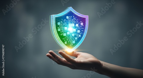 Hand holding a digital shield with circuit board design against a blurred background