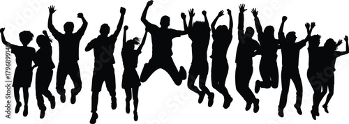 Group silhouette of joyful people jumping together in celebration, energetic crowd teamwork unity concept, expressive jump illustration