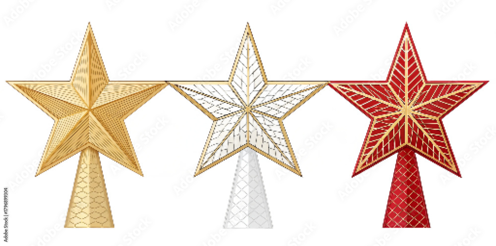Obraz premium Christmas Star Tree Topper Vector Set Flat Design Illustration – Shiny, Outline, and Geometric Styles, Festive Holiday Clipart PNG