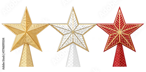 Christmas Star Tree Topper Vector Set Flat Design Illustration – Shiny, Outline, and Geometric Styles, Festive Holiday Clipart PNG

