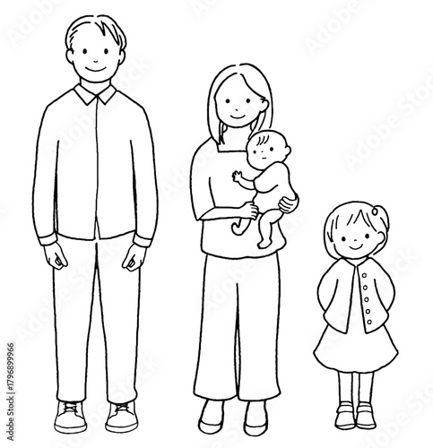 Illustration of a father, mother, daughter, and baby. Drawing.