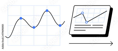 Line graph with plotted points, connected curve, and document showcasing chart trends. Ideal for analytics, strategy, growth, insights, research planning education. Simple flat metaphor