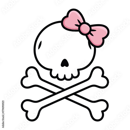 Cute skull and crossbones illustration with a pink bow, , creating a charming and playful design for various creative projects