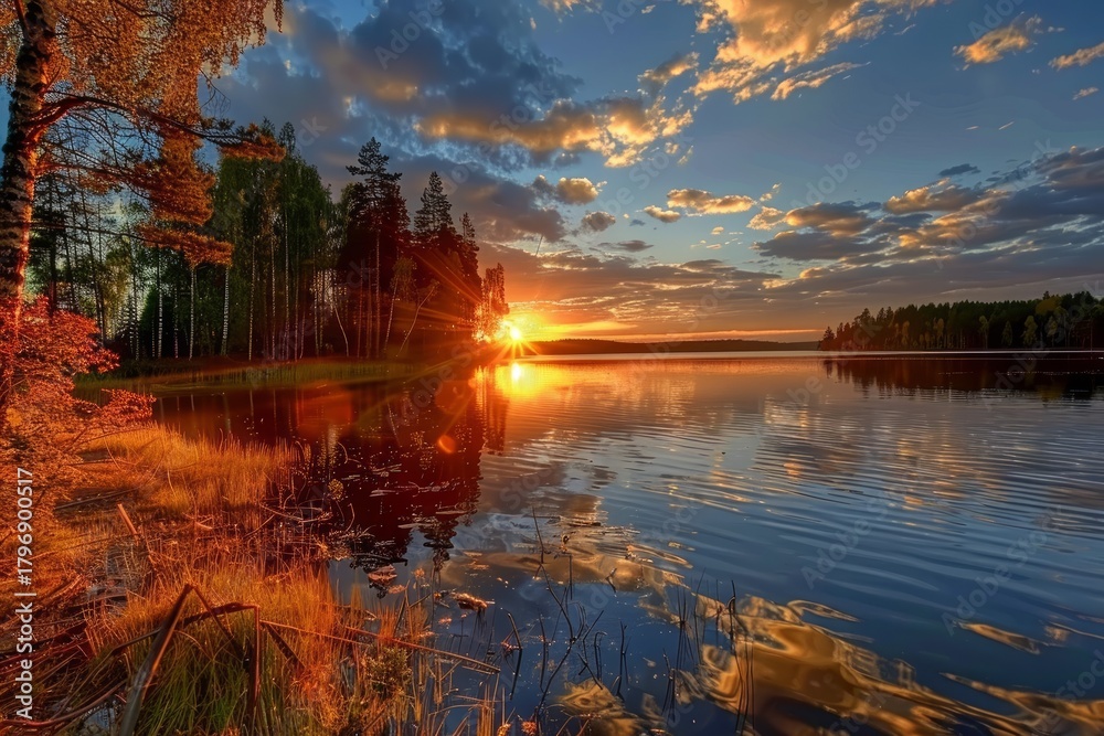 Naklejka premium Tranquil sunset over calm lake reflects surrounding forests. Warm colors contrast with cool sky, creating peaceful atmosphere. Neural network AI generated