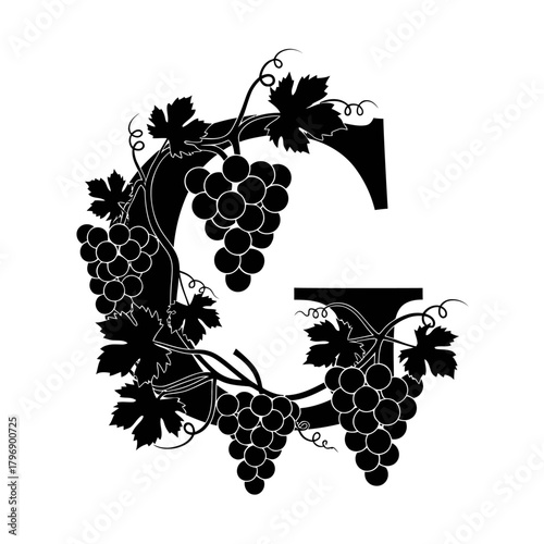 Elegant capital letter G decorated with winding grapevines and bunches of grapes. A black silhouette monogram vector for wine or nature concepts