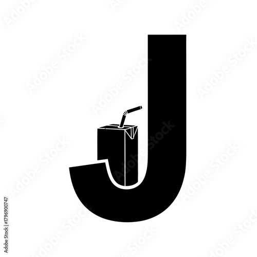 Letter J logo icon with a juice box and straw. A simple black and white silhouette vector illustration for creative alphabet branding and design