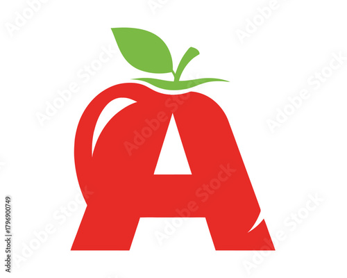 Initial letter A logo design formed from a red apple fruit with a green leaf, a simple and creative alphabet vector icon