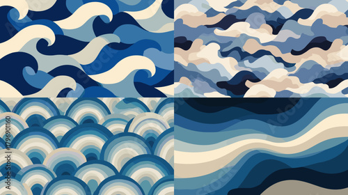 Seamless ocean wave patterns in navy and beige. Abstract nautical backgrounds featuring ripples, scallops, and flowing stripes for textiles, packaging, and wallpapers.