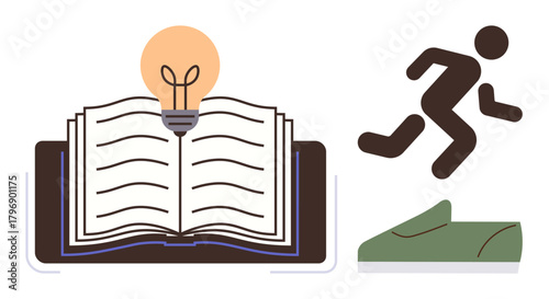 Open book symbolizing knowledge, lightbulb for innovative ideas, runner silhouette and sneaker for action. Ideal for education, creativity, innovation, learning, growth fitness motivation. Simple
