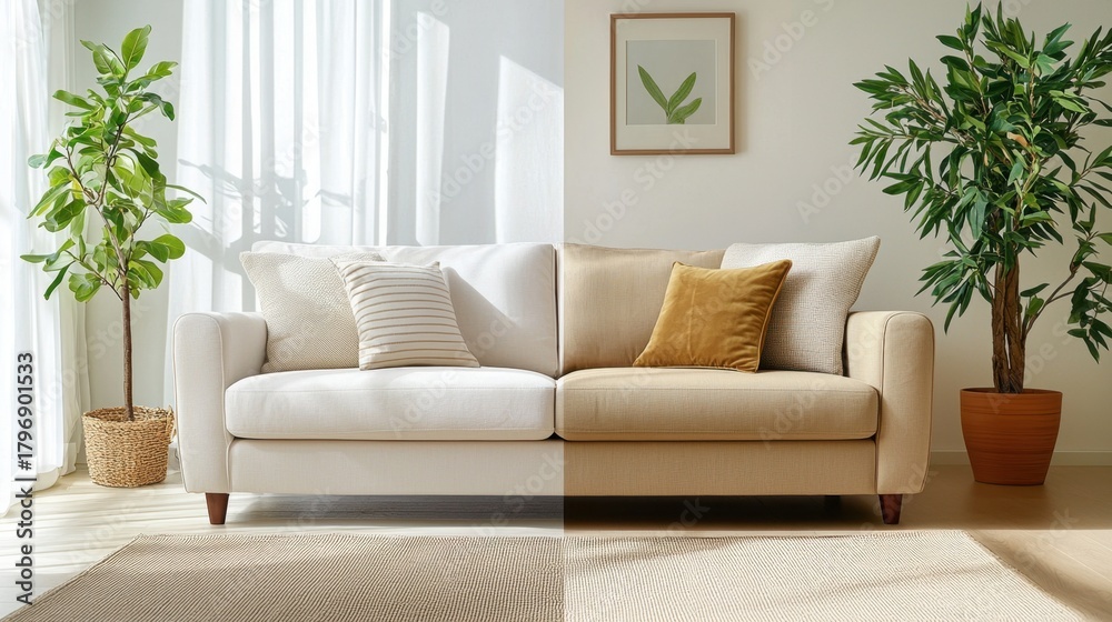 Fototapeta premium Cozy Living Room with Stylish Sofa and Lush Indoor Plants