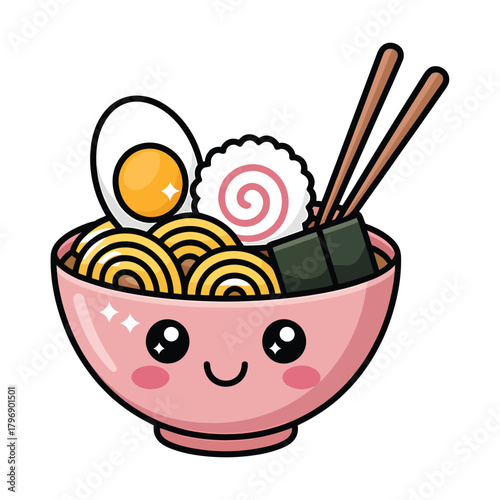 Cute cartoon ramen bowl kawaii noodles with egg, narutomaki, nori, and chopsticks asian food vector illustration for kids