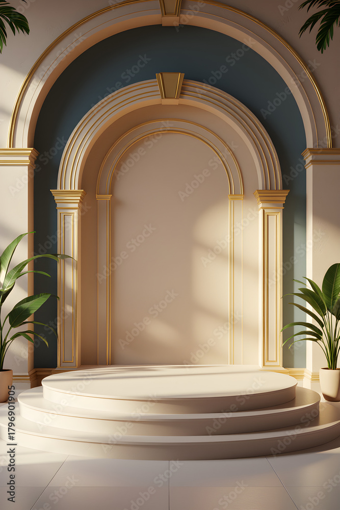 Fototapeta premium Empty Archway Stage with Tiered Platform and Plants