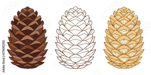 Pine Cone Vector Set Flat Design Illustration – Detailed, Outline, and Geometric Styles, Natural Christmas Clipart PNG

