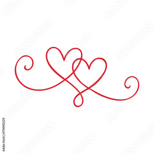 Two intertwined red hearts forming a continuous loop, symbolizing love and connection, isolated on white.