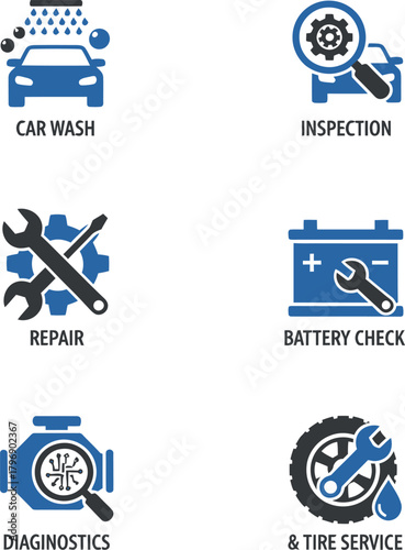 Set car service icons, another technical inspection, repair of breakdowns, auto washing and painting, towing, cleaning, jack – stock vector 