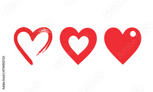 Three red heart icons, one drawn with brush strokes, one with hollow center, and one solid with a small circle. Vector Illustration