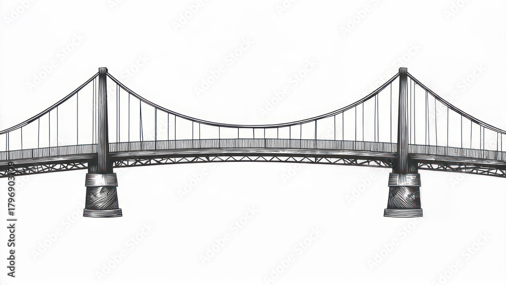 Obraz premium Gray monochrome illustration of a suspension bridge over a white backdrop, perfect for projects
