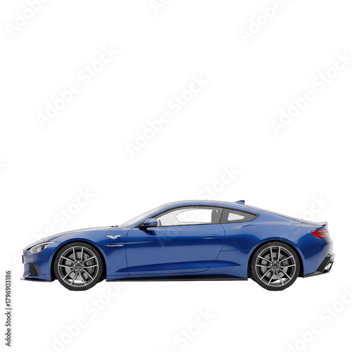 Side Profile of a Sleek Blue Sports Car with Black Rims on a Transparent Background Detailed Rendering of Automotive Design