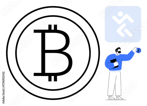 Large Bitcoin logo and man with blue shirt holding a small sphere. Ideal for digital currency, blockchain, investments, decentralized finance, fintech, transactions, economic innovation. A simple