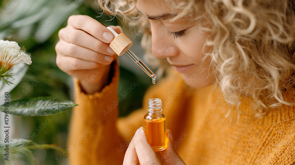 Fototapeta premium A woman squeezes a dropper of essential oil, letting a golden liquid fall from a small amber bottle, focusing intently on the scent or application.