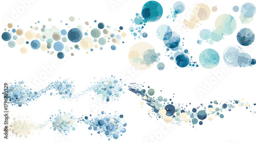 Watercolor bubble and circle streams in cool blue tones—soft, airy overlays for abstract ocean or spa backgrounds. Transparent decorative clipart, isolated for design use.