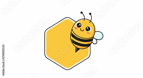 Cute cartoon bee character peeking from behind a honeycomb.