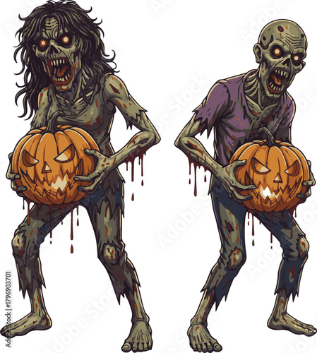Full Body Male and Female Red-Eyed Zombies with Bloody Pumpkins Vector